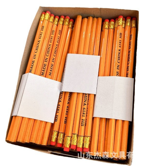 6181 Hexagonal Yellow Rod Children's Pencil with Eraser Hb Children's Leather Head Pencil Yellow Rod Student Pencil
