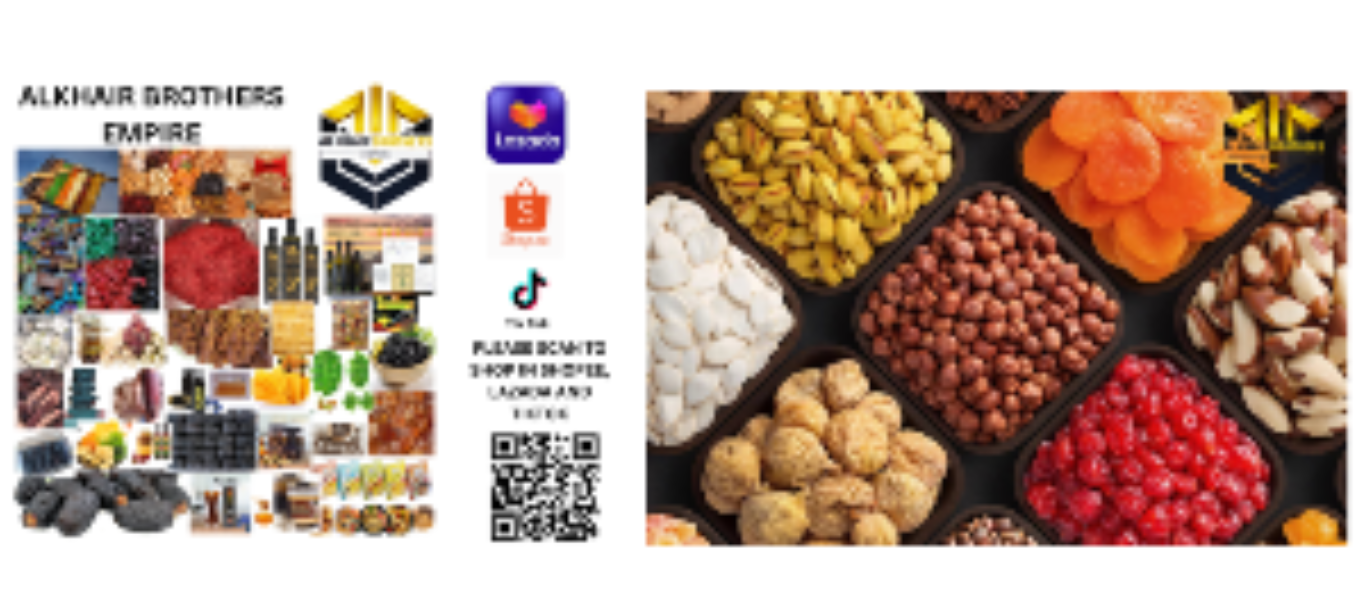 Promotional banner for Alkhair Brothers Empire with various food items and branding logos.