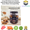 Mixed Nuts & Honey Khaltah 550g Jar with Honey Dipper and Nuts on Plate