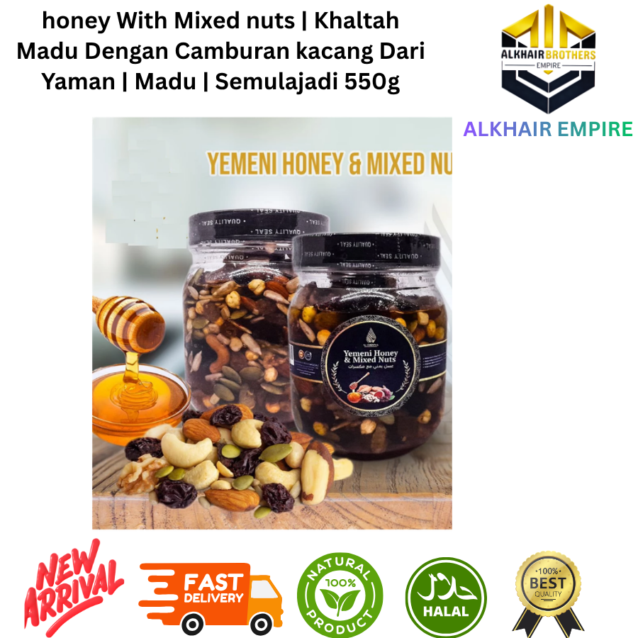 Mixed Nuts & Honey Khaltah 550g Jar with Honey Dipper and Nuts on Plate