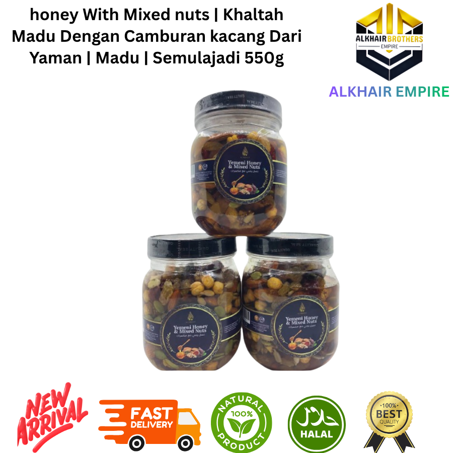Mixed Nuts & Honey Khaltah 550g Jar with Honey Dipper and Nuts on Plate
