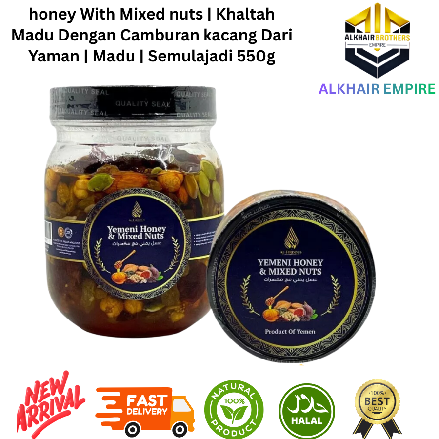Mixed Nuts & Honey Khaltah 550g Jar with Honey Dipper and Nuts on Plate