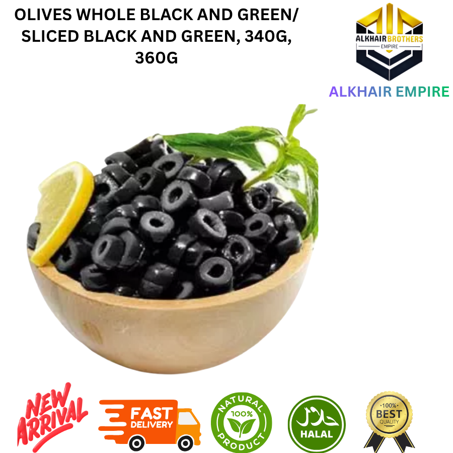 Wadi food and Royal Arm OLIVES /Whole Black and Green Olives /Sliced Black and Green 340g 360g
