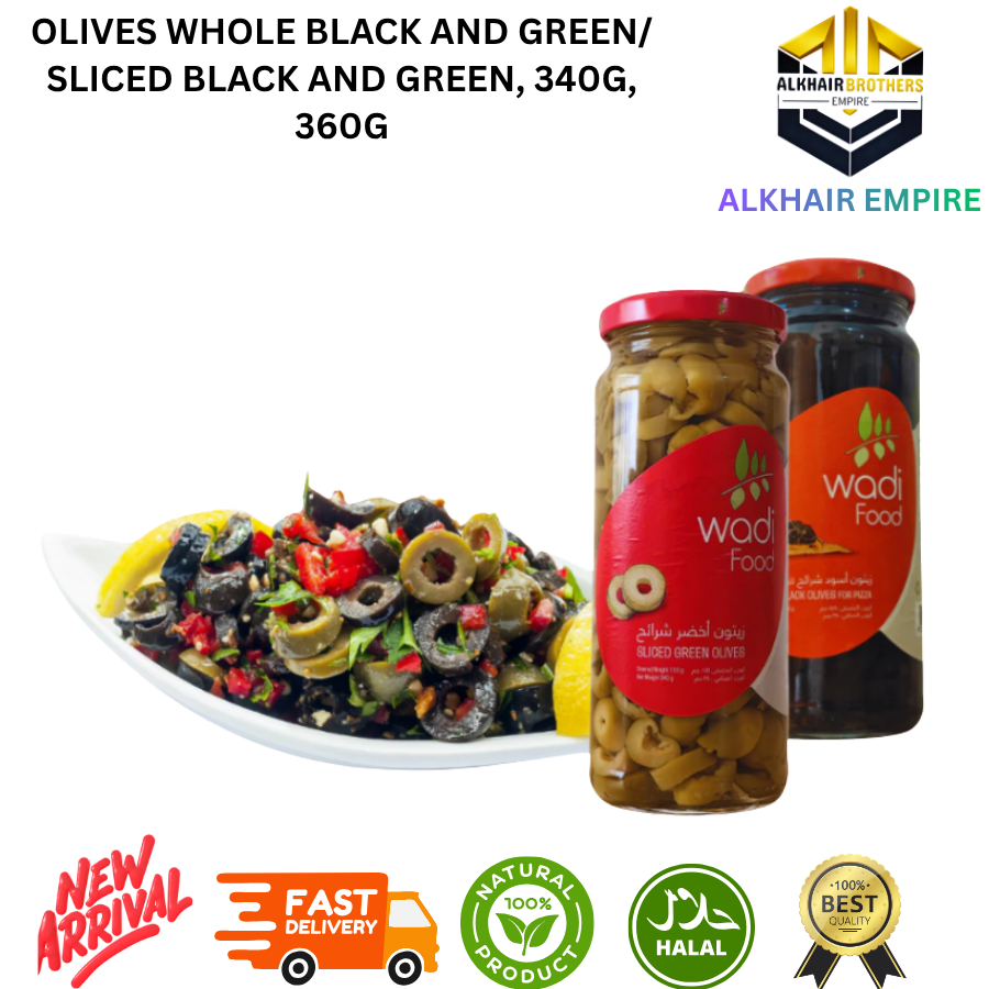 Wadi food and Royal Arm OLIVES /Whole Black and Green Olives /Sliced Black and Green 340g 360g