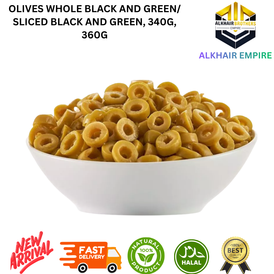 Wadi food and Royal Arm OLIVES /Whole Black and Green Olives /Sliced Black and Green 340g 360g