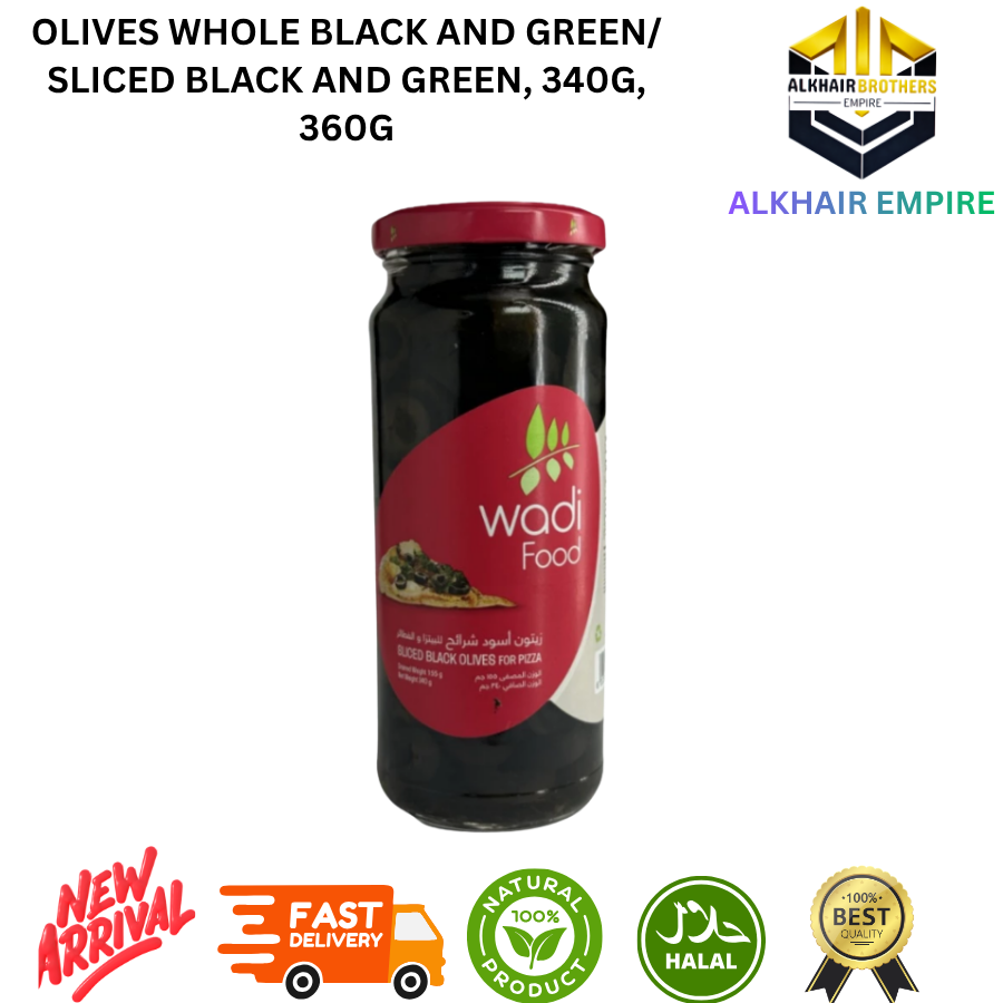 Wadi food and Royal Arm OLIVES /Whole Black and Green Olives /Sliced Black and Green 340g 360g