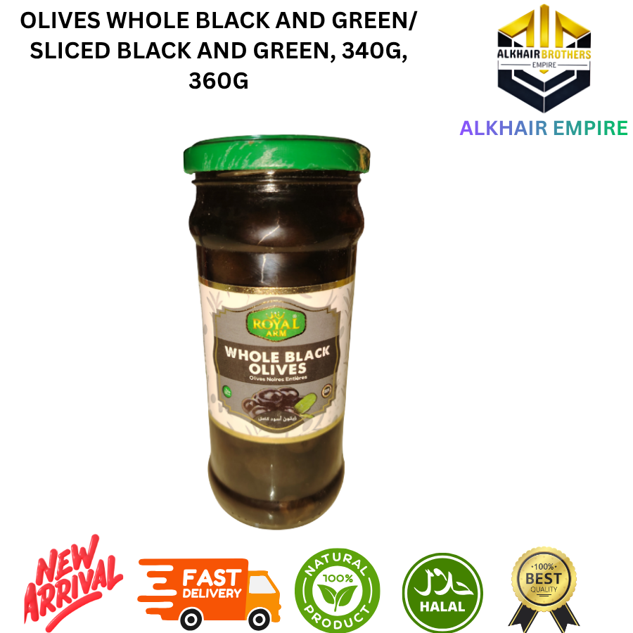 Wadi food and Royal Arm OLIVES /Whole Black and Green Olives /Sliced Black and Green 340g 360g