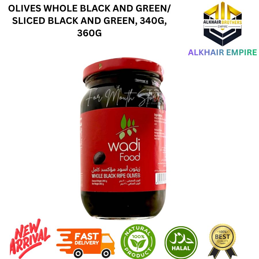 Wadi food and Royal Arm OLIVES /Whole Black and Green Olives /Sliced Black and Green 340g 360g