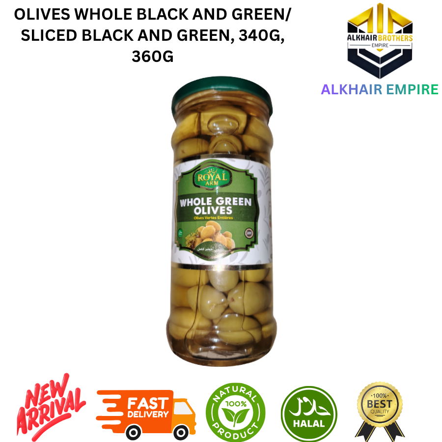 Wadi food and Royal Arm OLIVES /Whole Black and Green Olives /Sliced Black and Green 340g 360g
