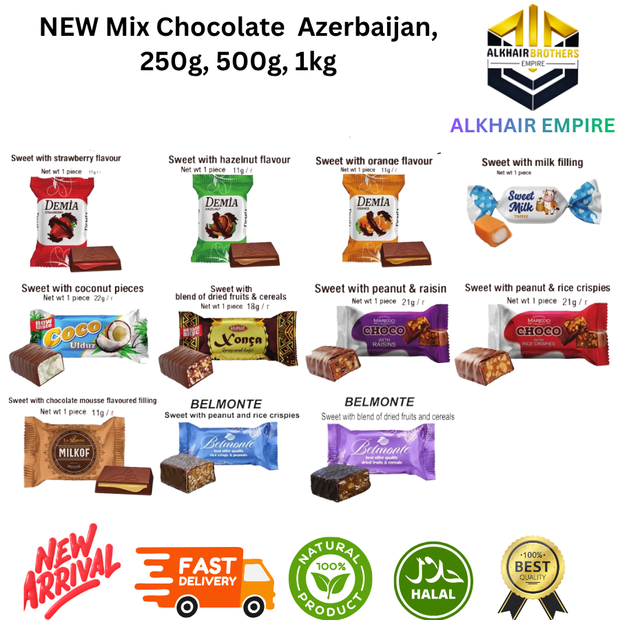 NEW Mix Chocolate Azerbaijan 100g 200g 400g 600g 1kg Sweet with strawberry hazelnut orange milk filling coconut pieces peanut & raisin peanut & rice crisps chocolate mousse flavor MILKOF BELMONTE
